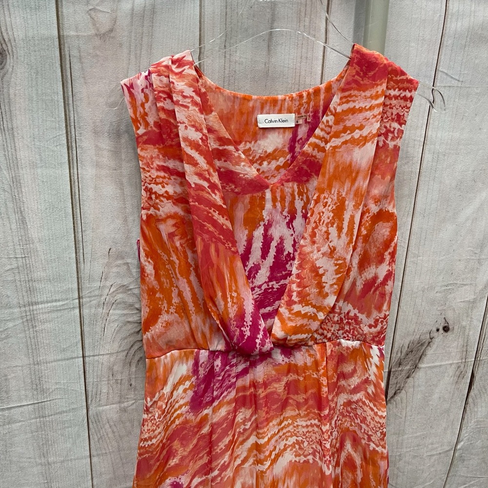 Calvin Klein Womens Orange Pink Abstract V-Neck Sleeveless Maxi Dress Size 8 - Picture 4 of 7